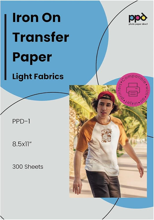 PPD 300 Sheets 8.5x11” - Inkjet Iron-on Heat Transfer Paper for White & Light Fabric and T-Shirts - Premium - PPD-1-300