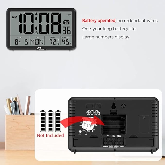 WallarGe Auto Set Digital Wall Clock Battery Operated, Desk Clocks with Temperature, Humidity and Date, Large Display Digital Calendar Alarm Clock for Elderly, Bedroom, Office, 8 Time Zone, Auto DST.