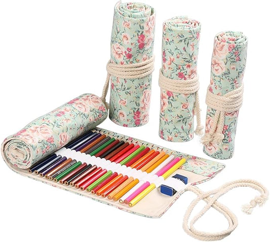 DIYOMR 24/36/72 Slots Pencil Wrap Pencil Rolls, Artist Colored Pencils Roll Up Bag Short Brushes Pouch Case Pencils Organizer for Drawing Coloring and Sketching (Small Floral, 24slots)