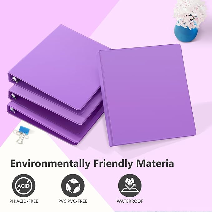 ViVin Sturdy 1 Inch D Ring Binders, 3 Ring Binders with 2 Pockets, Hold 225 Sheets of US Letter Size Paper for Office,Home,School, 6 Pack (Purple)