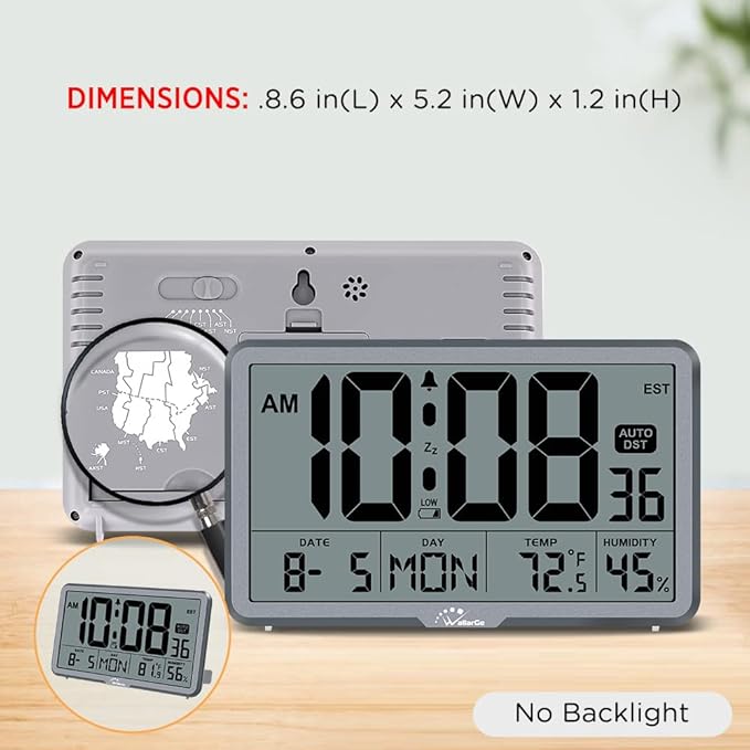 WallarGe Auto Set Digital Wall Clock Battery Operated, Desk Clocks with Temperature, Humidity and Date, Large Display Digital Calendar Alarm Clock for Elderly, Bedroom, Office, 8 Time Zone, Auto DST.