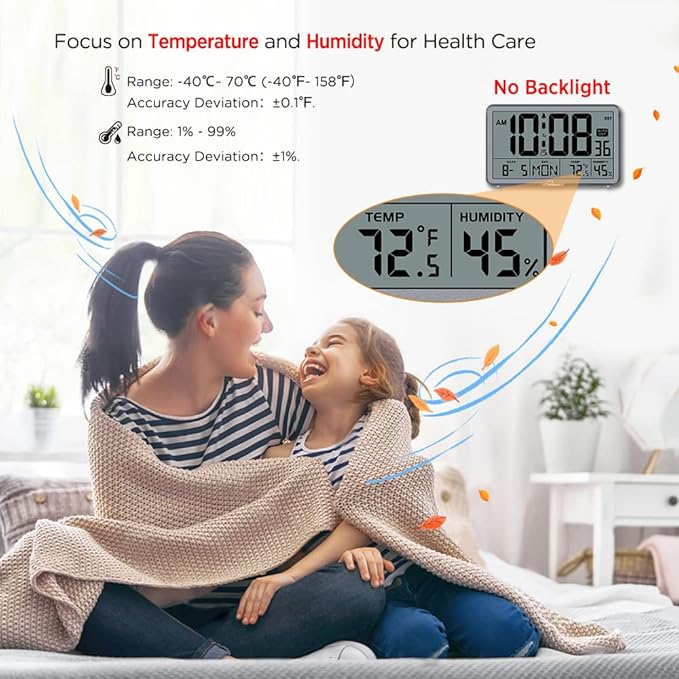 WallarGe Auto Set Digital Wall Clock Battery Operated, Desk Clocks with Temperature, Humidity and Date, Large Display Digital Calendar Alarm Clock for Elderly, Bedroom, Office, 8 Time Zone, Auto DST.