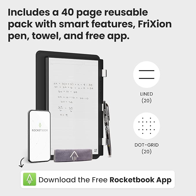 Rocketbook Pro 2.0 Reusable Professional Smart Notebook, Letter Size 8.5x11, Black - Lined & Dot Grid Pages, App-Connected, Erasable, Premium Cover, Ideal for Work Notes and Business Meetings