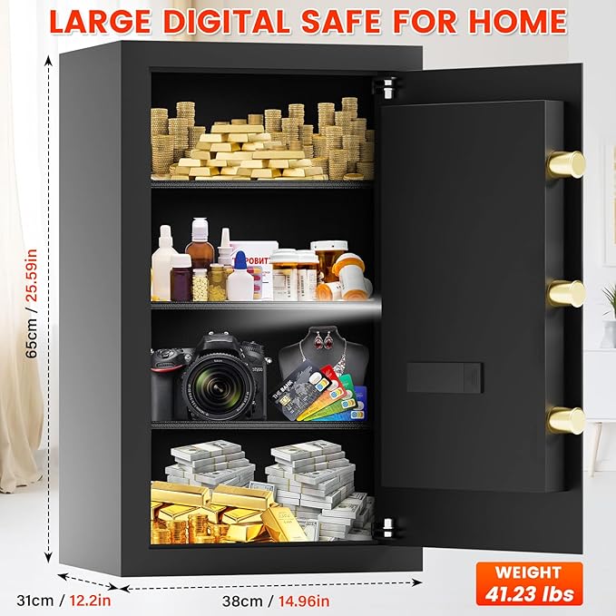 4.5 Cubic Large Fireproof Safe Box with Fireproof Document Bag, Personal Security Home Safe with 3 Removable Shelf, Anti-Theft Lock Box for Documents Money Jewelry Valuables
