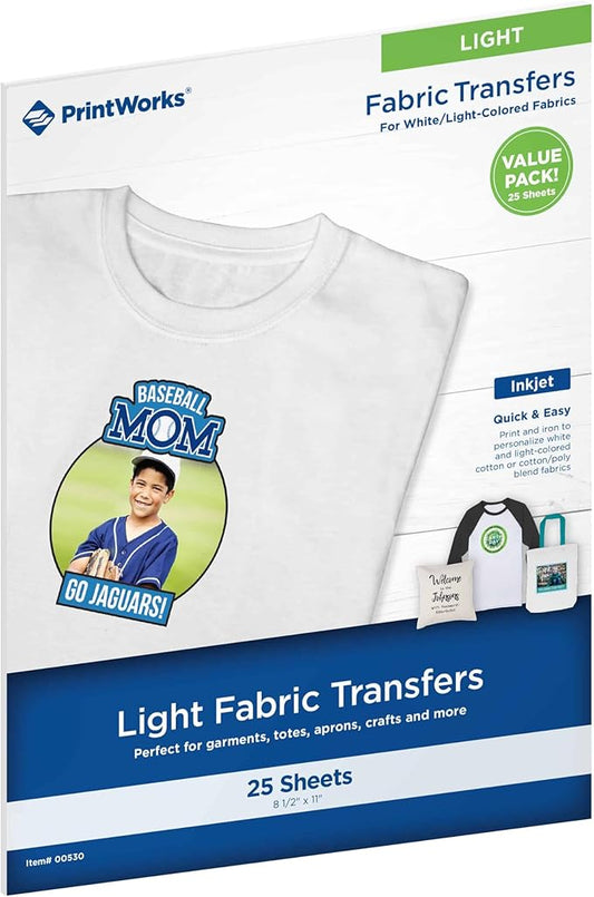 PrintWorks Printable Iron on Heat Transfer Paper for Light Fabrics & T-Shirts, 8.5” x 11”, 25 Sheets, Easily DIY, Made in the USA