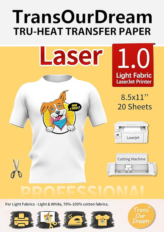 TransOurDream Heat Transfer Paper for Laserjet Printer (20 Sheets, 8.5x11, Laser 1.0) Printable HTV Heat Transfer Vinyl for T Shirts Iron on Transfers for Light Fabrics (TRANS-LAS1-L-20)