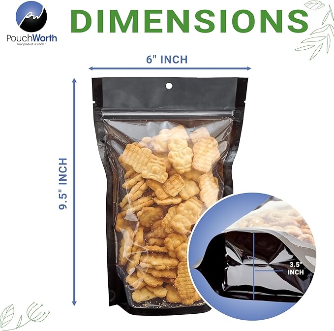 100 Pack 6"x9.5" Clear/Black Nylon Resealable Stand Up Pouch Bags Mylar Food Packaging with Tear Notches