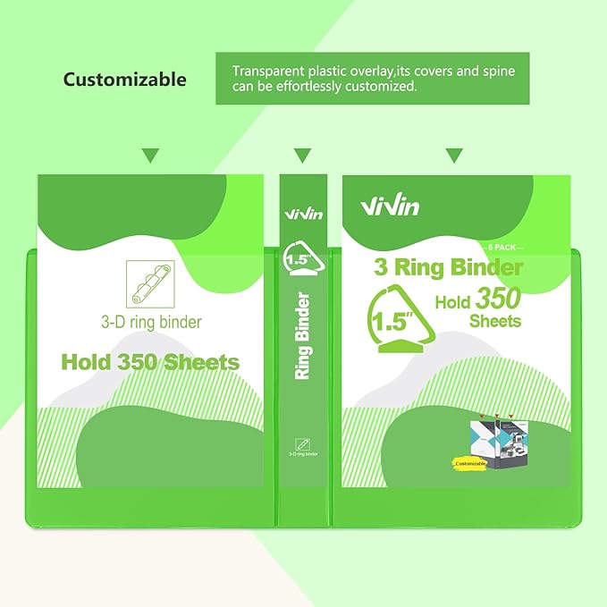 ViVin Sturdy 1.5 Inch 3 Ring Binder with Pockets, Slant-D Ring, PVC-Free, Customizable Clear View Binder,Holds 350 Sheets of 8.5" x 11" Paper, 6 Pack (Ivy Green)
