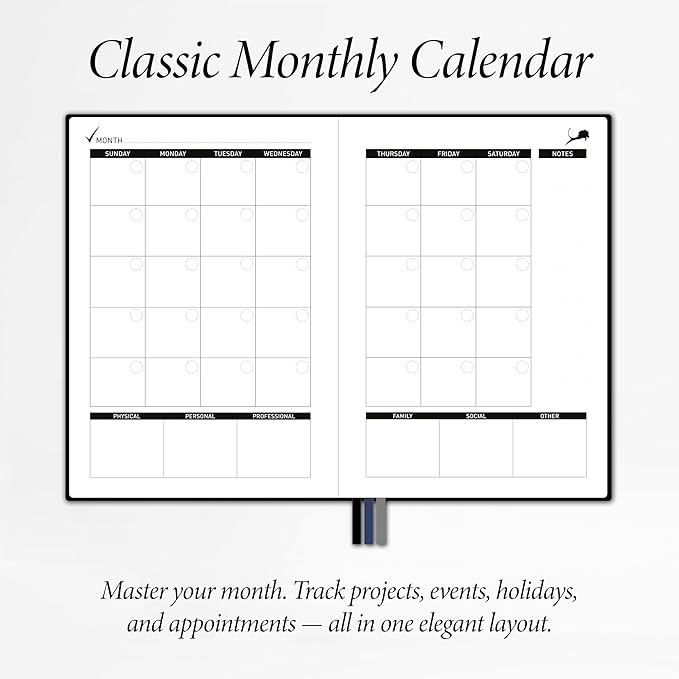 Daily Planner, Calendar & Life Organizer to Improve Time-Management, Productivity & Happiness | Vegan Leather Hardcover Notebook with Blank Dates, Undated 6 Months Hourly Planner for Men & Women, 24 Hour Agenda (Black)