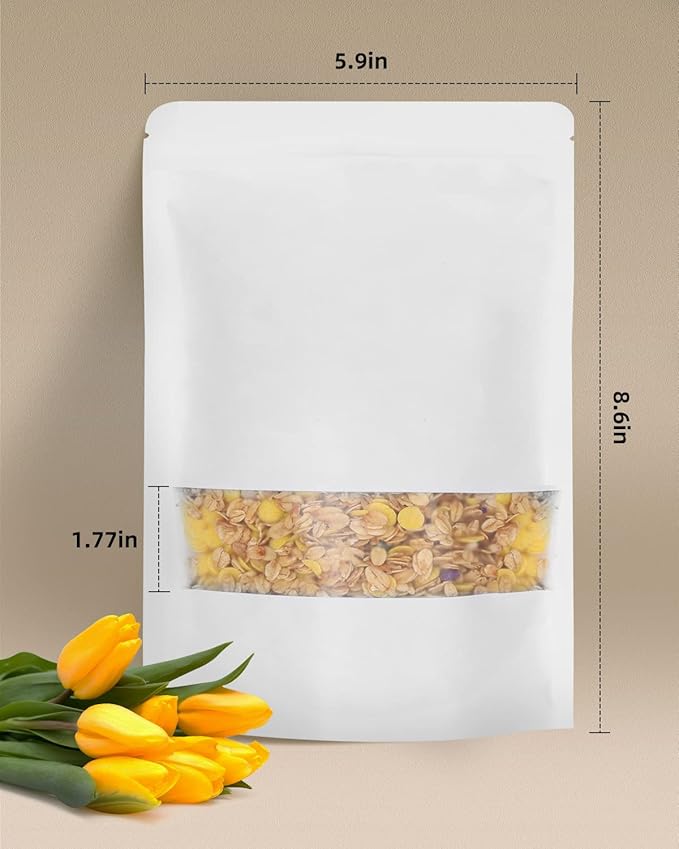 50pcs Kraft Bags with Window 5.9x8.6 Inches White Reusable Sealable Zip Lock Food Storage Stand up Paper Pouches for Home or Business