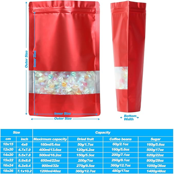 100 Pack Smell Proof Bags, Resealable Mylar Bags with Matte Window, Foil Pouch Stand-up Bags for Food Self Sealing Storage, Scratch Resistant Hand Storage Bags. (Red, 3.9×5.9 Inch)