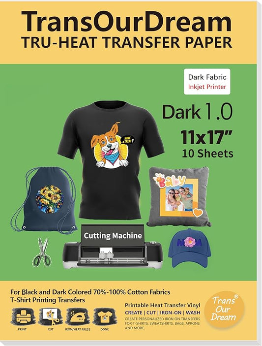 TransOurDream Dark Heat Transfer Paper for T Shirts (10 Sheets, 11x17") Printable HTV Heat Transfer Vinyl for Inkjet Printer Iron on Transfers for Dark Fabrics