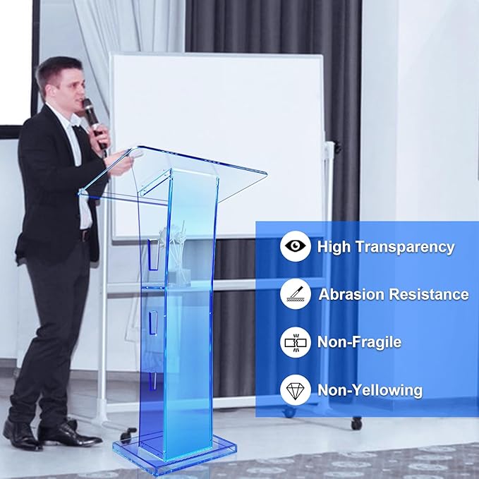 Acrylic Podium Stand, Ultra Clear 43'' Pulpits for Churches with 15 Color Adjustable, Modern Lectern with Storage Sheld for Church,Conference,Speech,Classroom, 23.62”x 15.75”X 43.3”