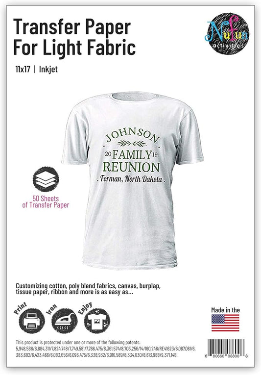 NuFun Activities Inkjet Printable Iron-On Heat TShirt Transfer Paper 11x17 (50, Light Fabrics)