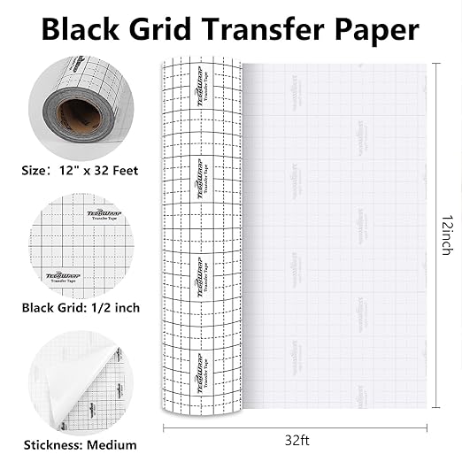 TECKWRAP Transfer Tape for Vinyl - 12" x 32FT Vinyl Transfer Paper for Permanent Vinyl, Stickers, Decals, Signs, Windows, Alignment Grid & Clear
