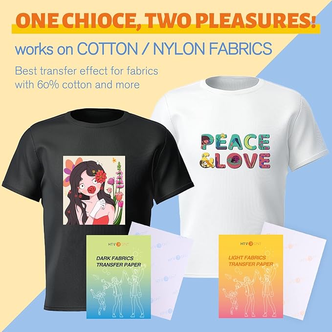 HTVRONT Heat Transfer Paper for T Shirts - 50 Pack Mixed Light & Dark Iron on Transfer Paper,8.5" x 11" Printable Heat Transfer Vinyl for Inkjet Printer, Durable & Easy to Use