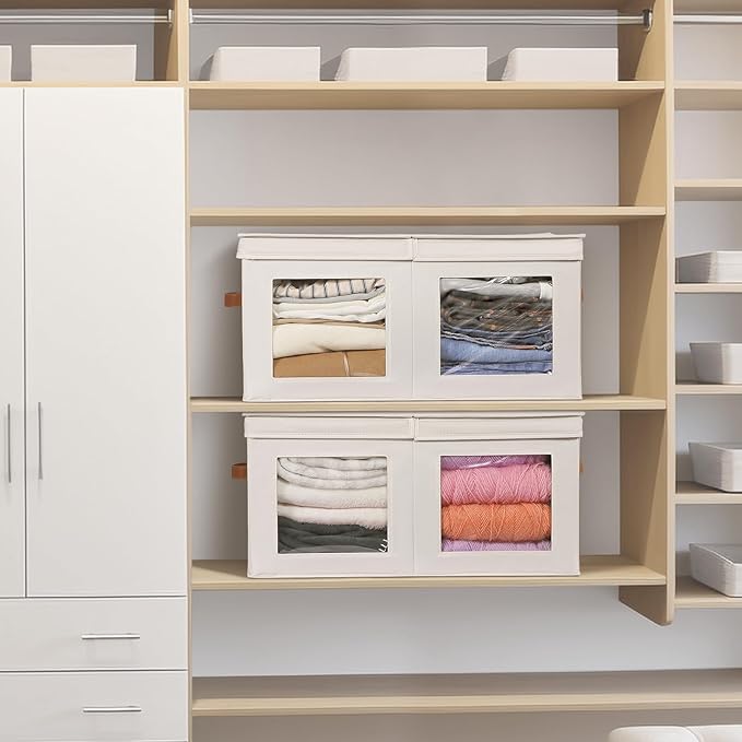 Univivi Large Storage Boxes with Lids, Collapsible Foldable Storage Bins for Clothes, [2-Pack] Fabric Storage Cubes with Handles, Closet Organizers for Home, Bedroom (Beige, 24” x 17” x 12")