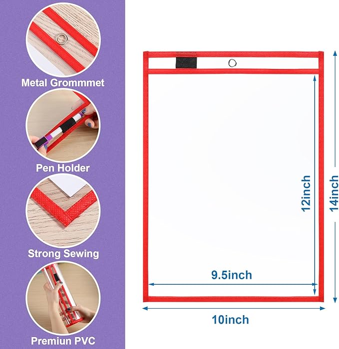 Nezyo Dry Erase Pockets Plastic Job Ticket Holders Shop Holder Order Pockets Clear Sleeves Tickets Folders Plastic Sleeves Paper Teacher Supplies for Classroom(14 x 10 in,Red,12 Pcs)