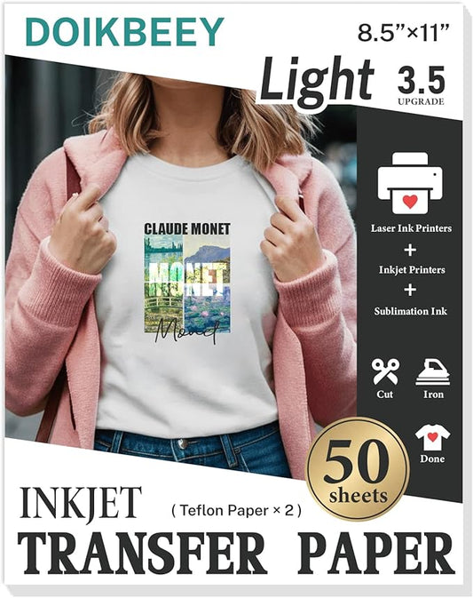 DOIKBEEY Upgraded Version 3.5 Heat Transfer Paper for T Shirts 50 Sheets, 8.5" x 11" Printable Heat Transfer Vinyl, Vivid Color & Durable Iron on Transfer Paper for Light Fabric