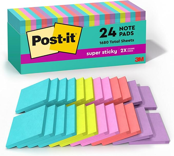 Post-it Super Sticky Notes, 24 Sticky Note Pads, 3 x 3 in., School Supplies, Office Products, Sticky Notes for Vertical Surfaces, Monitors, Walls and Windows, Supernova Neons Collection (Pack of 8)