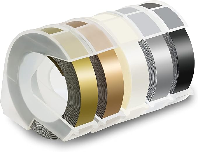 Pristar Compatible Embossing Tape Self-Adhesive Replacement for Dymo Embossing Label Maker Organizer Xpress, White on Black/Silver/Clear/Gold/Champagne Gold, 3/8 in x 9.8 ft, 5-Pack