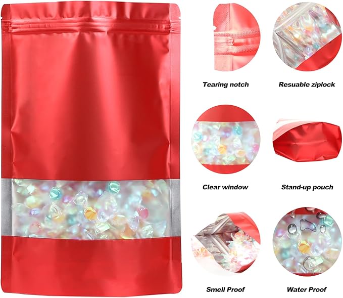 100 Pack Smell Proof Bags, Resealable Mylar Bags with Matte Window, Foil Pouch Stand-up Bags for Food Self Sealing Storage, Scratch Resistant Hand Storage Bags. (Red, 3.9×5.9 Inch)