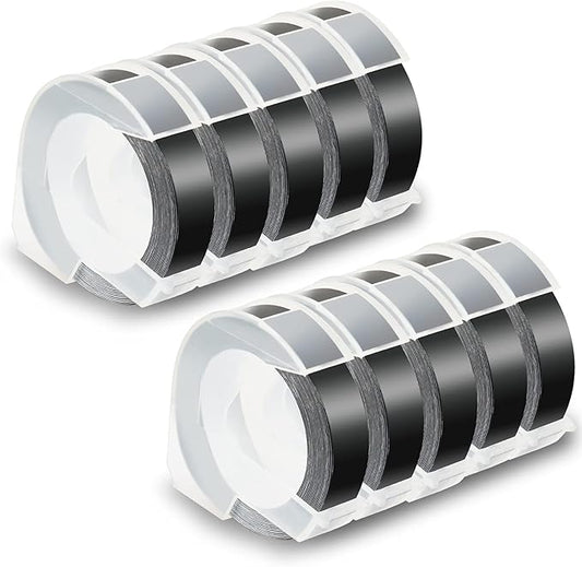 Pristar Replacement 3D Plastic 9mm Embossing Tapes 3/8'' x 9.8' Compatible for Dymo Embossing Label Maker Organizer Xpress 12965, Xpress Pro 12966, Office Mate II 154000, White Print on Black, 10-Pack