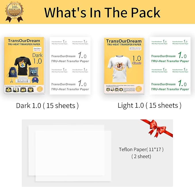 TransOurDream Tru-Heat Transfer Paper for Dark and Light Fabric (15+15 Sheets, 8.5x11", Mix Pack) Printable HTV Heat Transfers Vinyl for Inkjet Printers Iron on Transfers for T Shirts