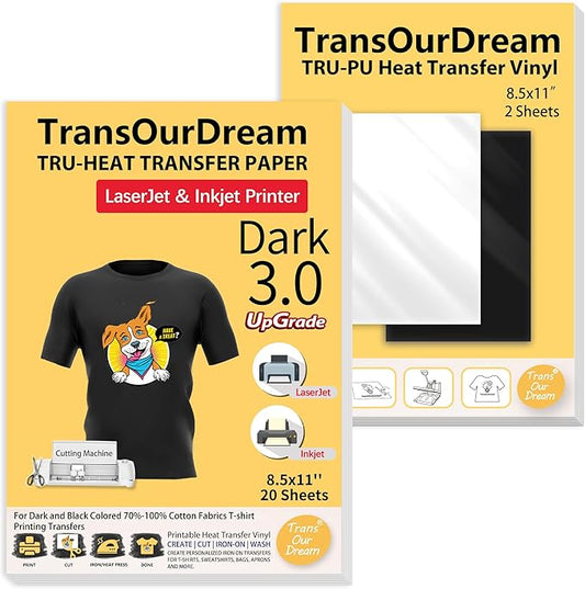 TransOurDream Iron on Heat Transfer Paper for Dark Fabric (20+2 Sheets, 8.5x11") Printable Iron on Transfers for Inkjet Printer & Laserjet Printer, Heat Transfer Vinyl for T Shirts (D3-BW-22)