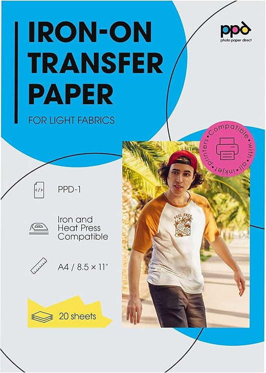 PPD Iron on Transfer Paper for Inkjet Printer for Light Fabric, 8.5 x 11 Printable Paper for Clothing, T Shirts and Cotton Textiles, Print and Cut Heat Transfer, DIY at Home, Washable (20 Sheets)