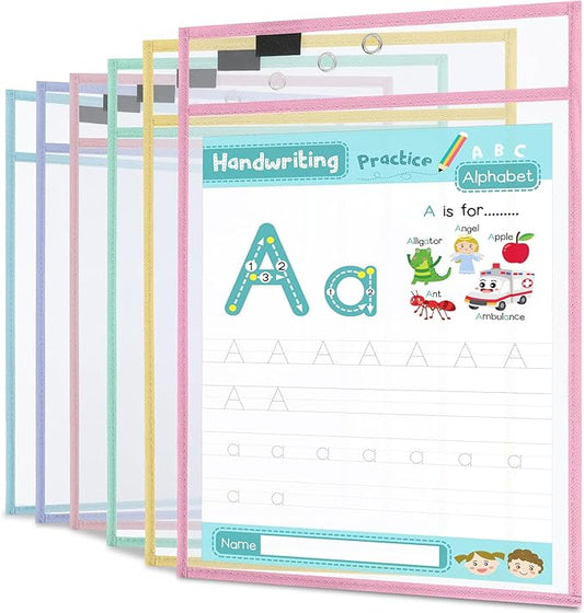 12 Pack Dry Erase Pockets 6 Assorted Colors 8.5 x 11 Inch Clear Plastic Sheet Protectors Dry Erase Pocket Sleeves Teacher School Office Supplies (Pastel)
