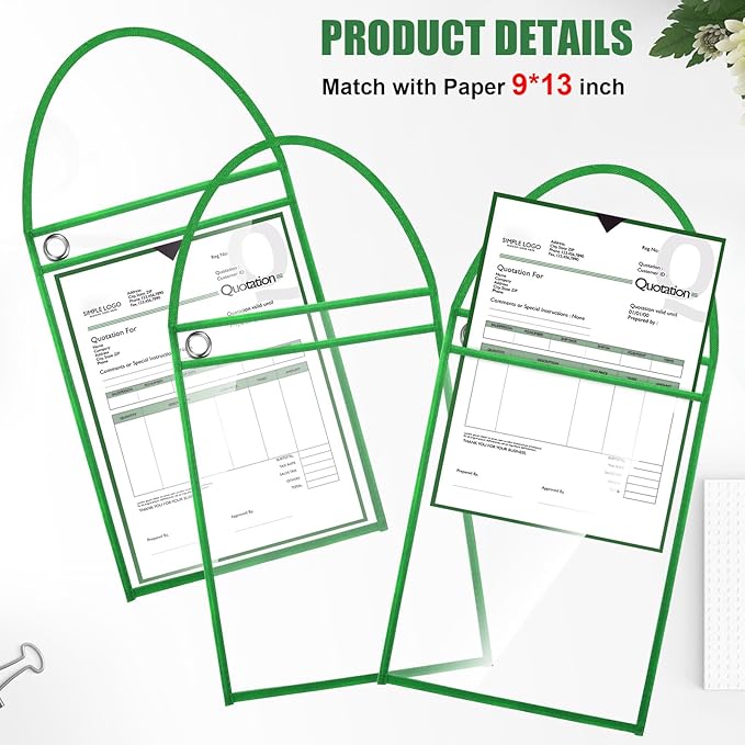 Epakh 30 Pack Office Products Shop Ticket Holders with Hanging Strap 9 x 12 Inches, Dry Erase Pockets, Job Ticket Holders, Both Sides Clear, Welcome to Work Order(Green)
