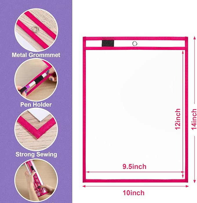 Nezyo Dry Erase Pockets Plastic Job Ticket Holders Shop Holder Order Pockets Clear Sleeves Tickets Folders Plastic Sleeves Paper Teacher Supplies for Classroom(14 x 10 in,Rose Red,50 Pcs)
