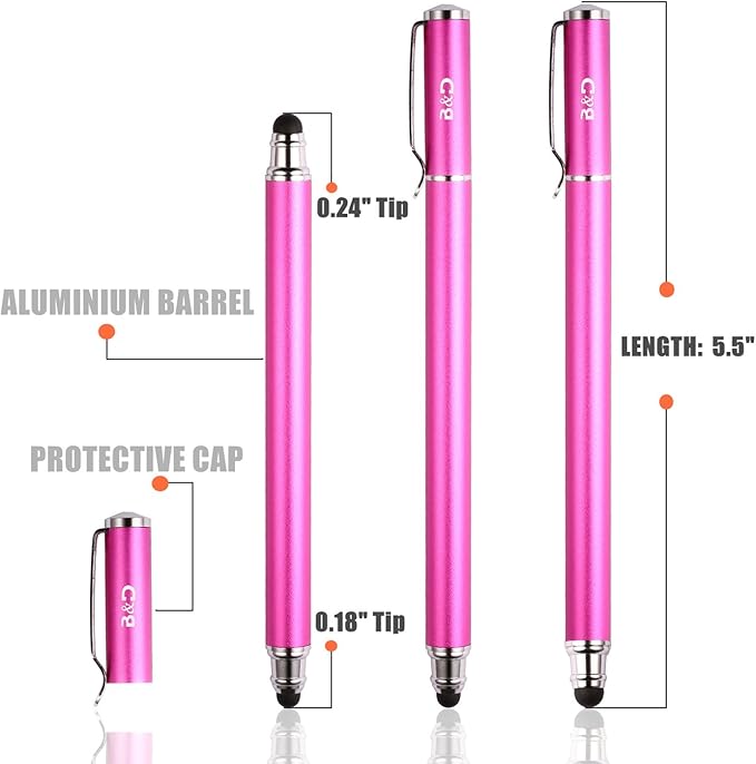 (2 Pcs) [New Upgraded][0.18-inch Small Tip Series] 2-in-1 Stylus/Styli 5.5-inch L with 10 Replacement Rubber Tips -Purple/Pink
