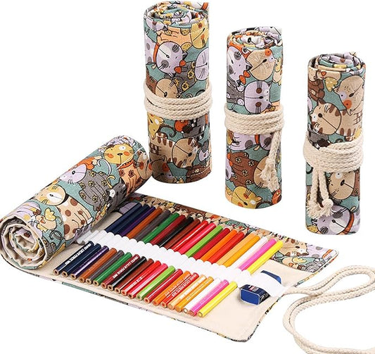 DIYOMR 24/36/72 Slots Pencil Wrap - Roll Up Bag for Artist Colored Pencils, Short Brushes, Drawing & Sketching, NO PENCILS (Cuddly Cat, 24slots)