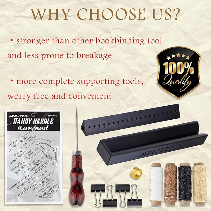 ARSTBETY Complete Bookbinding Kits for Beginners, Book Binding Starter Tool Supplies with Signature Punch Guide, Awl, 100ft Wax Thread, 7 Needles and Clips Thimble Ring