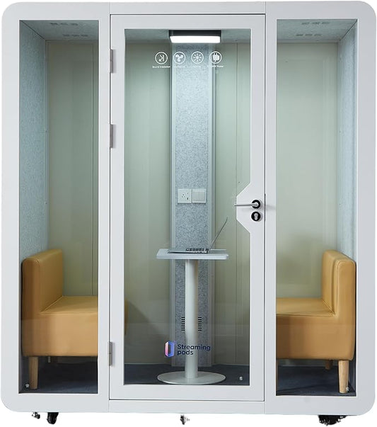 GEARONIC Mobile Office Pod Booth, Standard Sound Proof Office Pod for 2 People, Sound Pod Booth with Mobile Roller, LED Lighting System,Fans and AC USB Ports