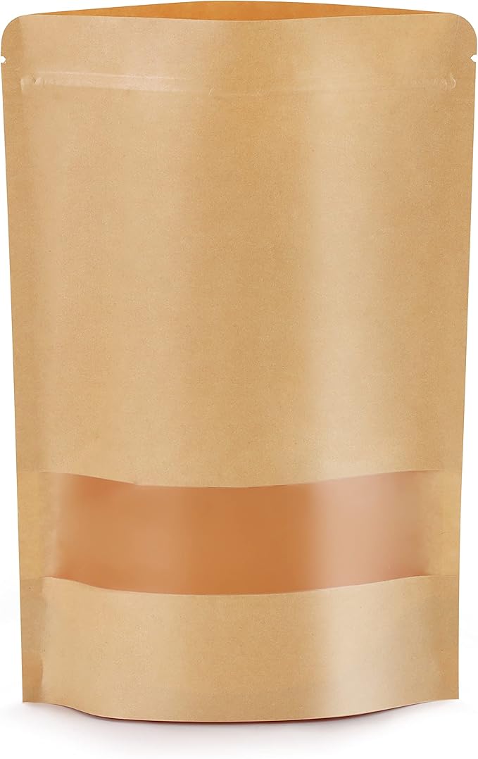 100pcs Kraft Bags with Window 7.1x10 Inches Brown Reusable Sealable Zip Lock Food Storage Stand up Paper Pouches for Home or Business