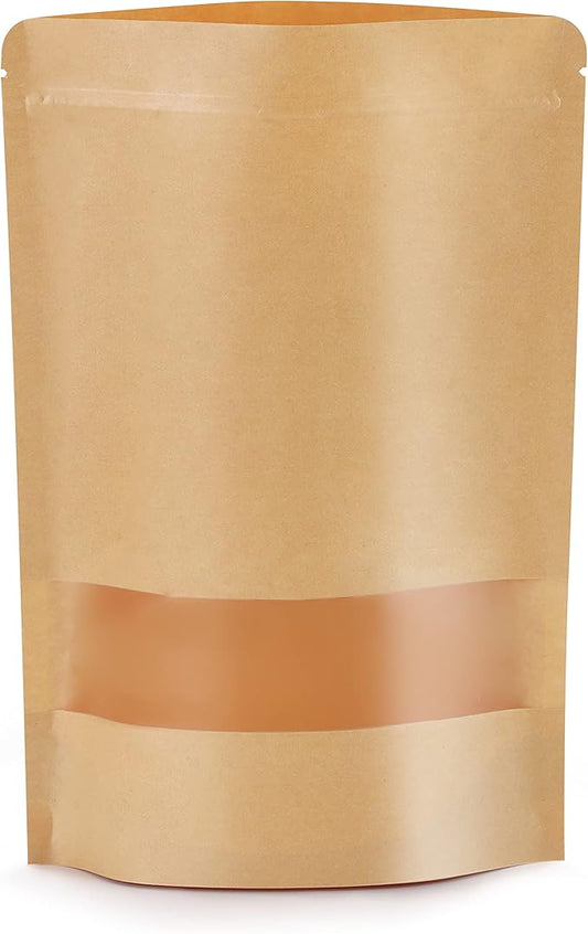 50pcs Kraft Bags with Window 5.9x8.6 Inches Brown Reusable Sealable Zip Lock Food Storage Stand up Paper Pouches for Home or Business