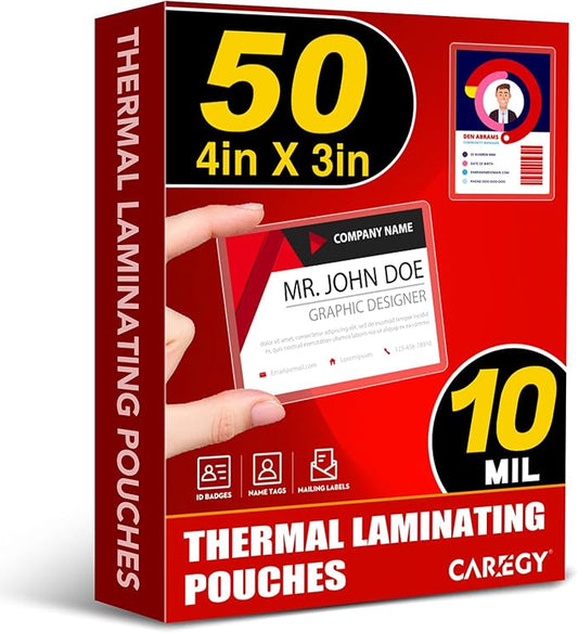CAREGY 50 Count Thermal Laminating Pouches, 10 Mil, 4x3 Inch Laminate Business Cards, Round Corner, Ideal Office or School Supplies