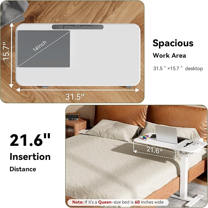 Mobile Standing Desk, Height Adjustable Left/Right Overbed Bedside Table, 90° Tiltable Portable Laptop Desk with Wheels, Foldable Computer Cart for Hospital Home Use, White