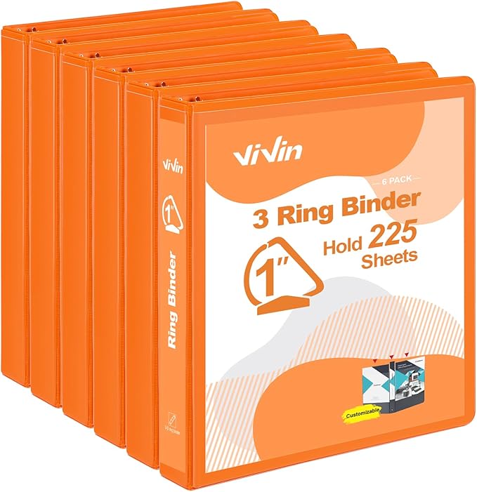 ViVin Sturdy 1 Inch D Ring Binders, 3 Ring Binders with 2 Pockets, Hold 225 Sheets of US Letter Size Paper for Office,Home,School, 6 Pack (Orange)