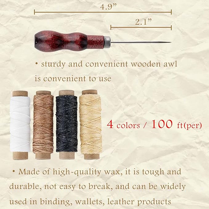 ARSTBETY Complete Bookbinding Kits for Beginners, Book Binding Starter Tool Supplies with Signature Punch Guide, Awl, 100ft Wax Thread, 7 Needles and Clips Thimble Ring