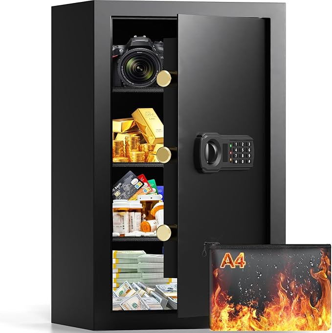 4.5 Cubic Large Fireproof Safe Box with Fireproof Document Bag, Personal Security Home Safe with 3 Removable Shelf, Anti-Theft Lock Box for Documents Money Jewelry Valuables