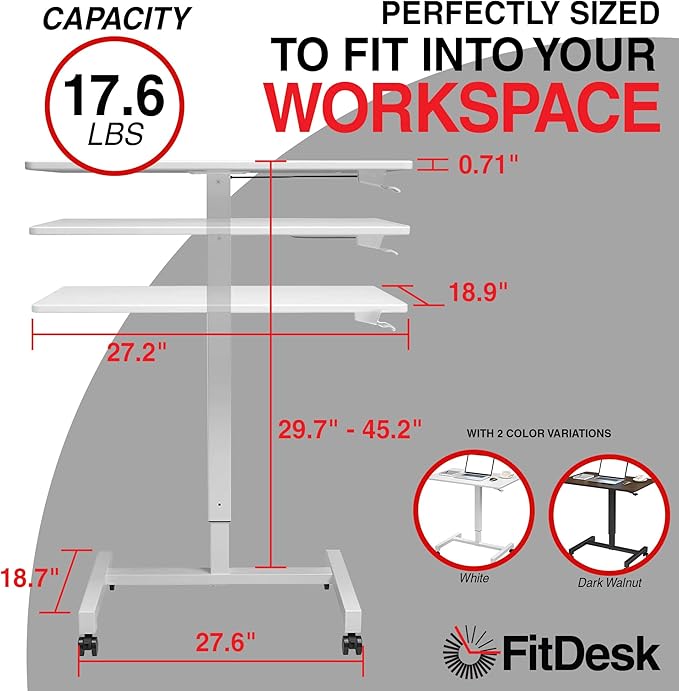 FitDesk Portable Laptop Desk, Rolling Standing Workstation Adjustable Height, Compact Standing Table with Large Surface, Small Stand Desk for Home Office, 30 lb Weight Limit – White, 27" Tabletop