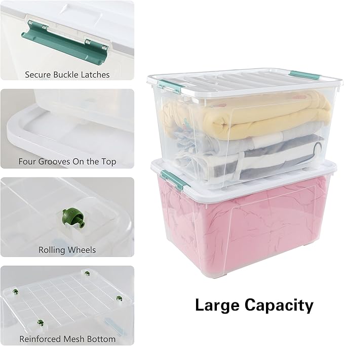 Gloreen 4 Pack Large Plastic Storage Bin with Lid, 85 Quart Latching Storage Box with Wheels