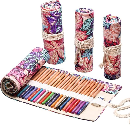 DIYOMR 24/36/72 Slots Pencil Wrap Pencil Rolls, Artist Colored Pencils Roll Up Bag Short Brushes Pouch Case Pencils Organizer for Drawing Coloring and Sketching (Maple Leaves, 72slots)