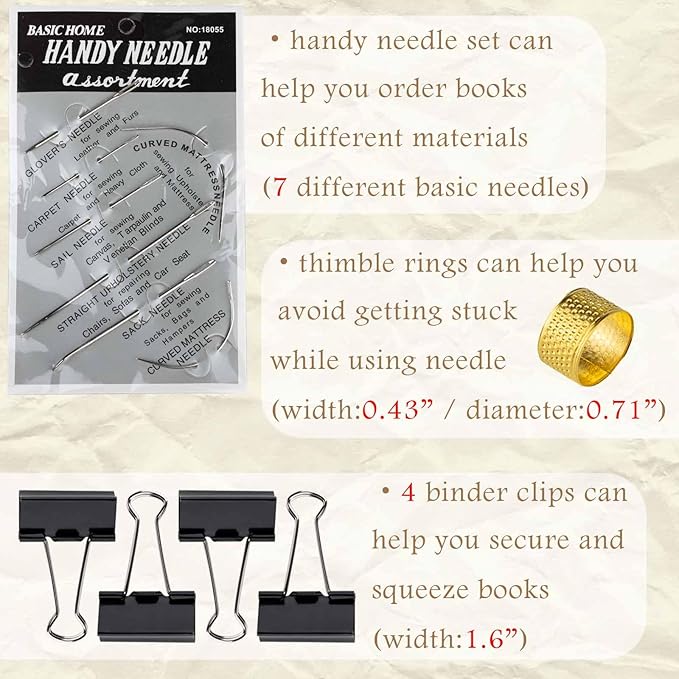 ARSTBETY Complete Bookbinding Kits for Beginners, Book Binding Starter Tool Supplies with Signature Punch Guide, Awl, 100ft Wax Thread, 7 Needles and Clips Thimble Ring