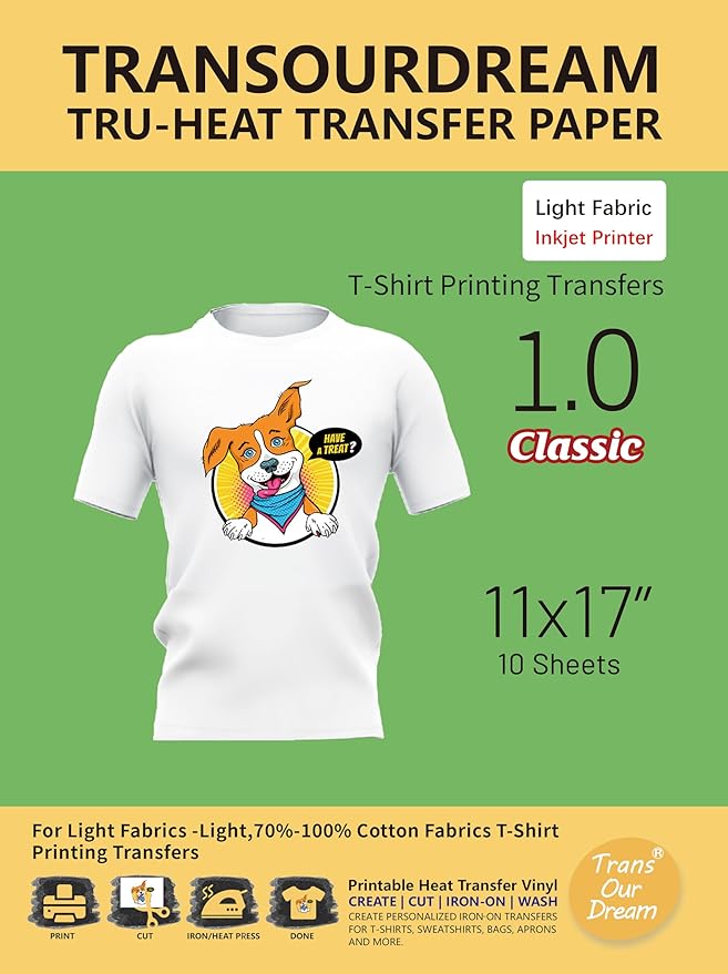 TransOurDream Iron on Heat Transfer Paper for Light Fabric (10 Sheets, 11x17") Iron-on Transfers Paper for Light T-Shirts Printable Heat Transfer Vinyl for Inkjet Printer (L1-1117-10)