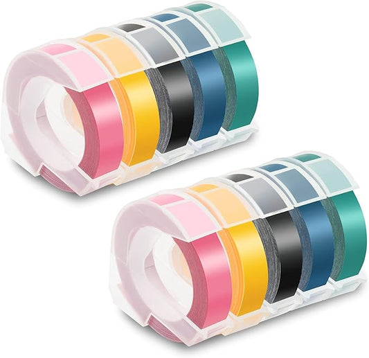 Pristar Replacement Embossing Label Tape Compatible for DYMO Embossing Xpress Label Maker, 3D Plastic Labels Self-Adhesive Black/Pink/Yellow/Lake Blue/Lake Green, 3/8 Inch x 9.8 Feet, 10-Pack